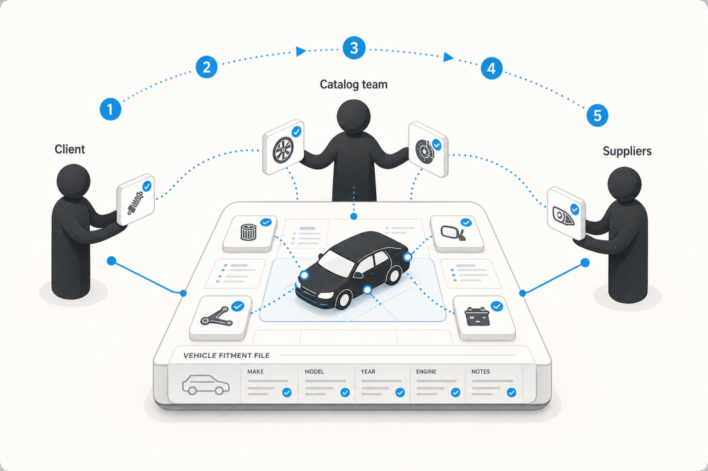 Infographic of client, catalog team, and suppliers assembling a vehicle fitment file
